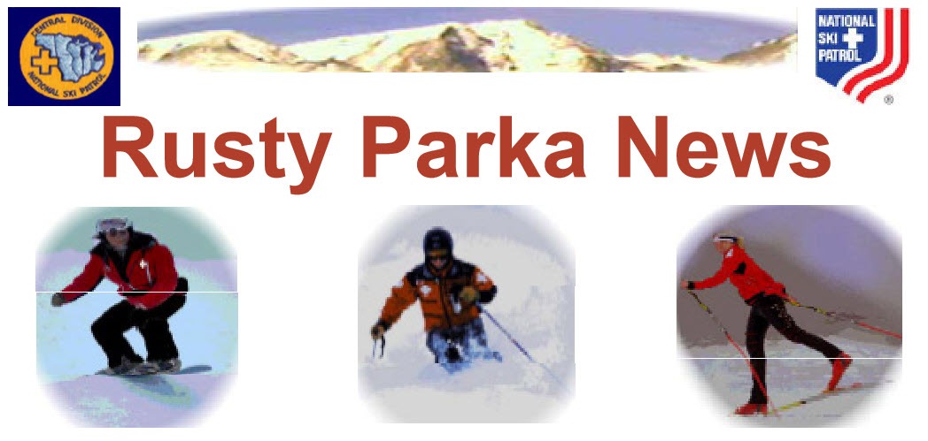 rusty parka newsletter header with mountains and skiers